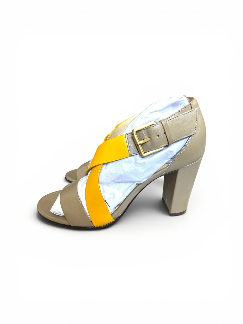 NWOT Boden Taupe and Yellow Crisscross Block Heel Sandals - Picture 4 of 7